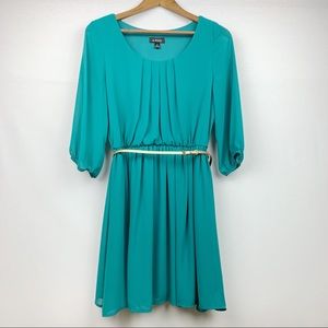 A. Byer Teal Belted Elastic Waist Scoop Neck Dress